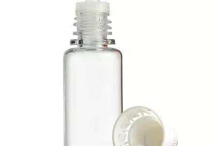a clear glass bottle with a lid and a white cap